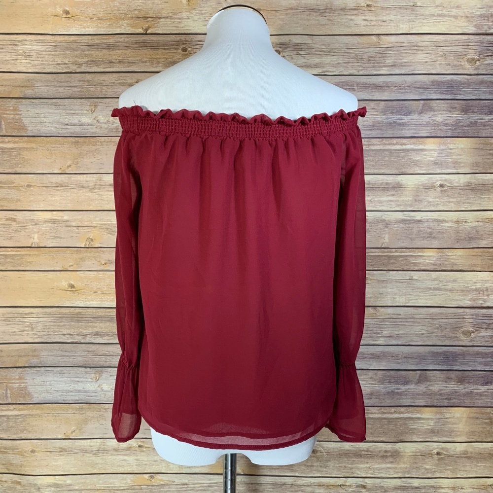 Wayf Red Off Shoulder Bell Long Sleeve Blouse - Picture 3 of 8